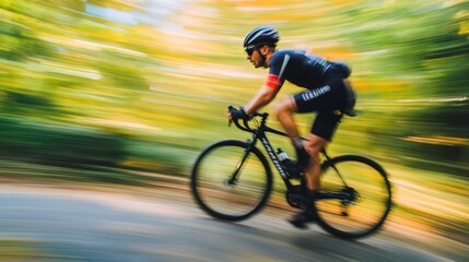 A cyclist speeds through a blurred, colorful forest trail, showcasing motion and athleticism.