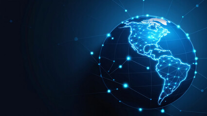Stylized Digital Earth Focusing on the Western Hemisphere, Featuring Glowing Blue Lines and Dots Against a Dark Background, Highlighting Connectivity and Technology
