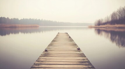 Naklejka premium Serene Lakeside Dock in Tranquil Misty Landscape