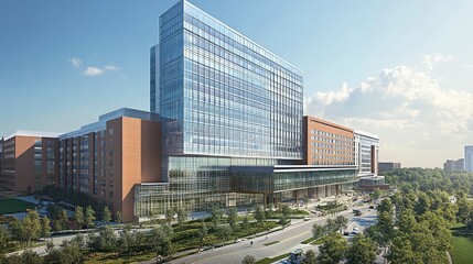 Fototapeta premium Modern Urban Hospital Building with Clear Blue Sky