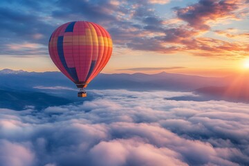 Obraz premium A hot air balloon flies above the clouds at sunrise.