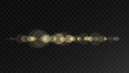 Creative vector illustration of bright light sources isolated on horizontal transparent background.Gold glowing burst explosion.Light effect with glitter particles.Abstract shine blur bokeh effect.