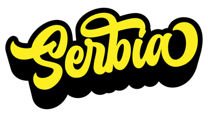 Serbia country name written in retro groovy three-dimensional script lettering