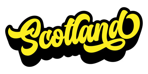 Scotland country name written in retro groovy three-dimensional script lettering
