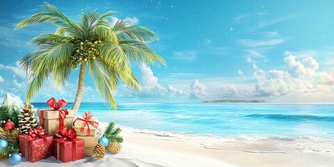 Obraz premium Coconut tree in the beach with red christmas gift boxes