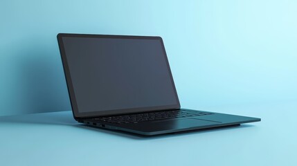 Black Laptop Computer on Blue Background - Minimalist Technology Design Concept.