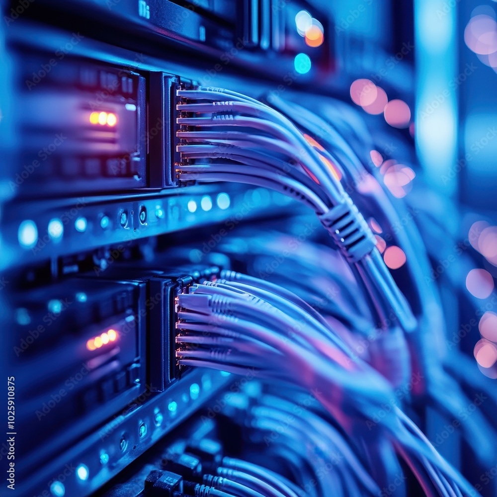 Poster close-up of network cables connected to server racks in a data center