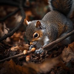 Obraz premium Close-up of a Gray Squirrel Eating an Acorn in Autumn Leaves.