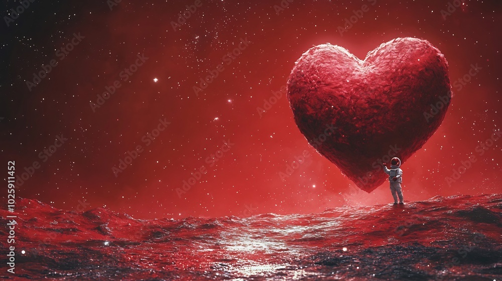 Poster charming astronaut holding a big plush red heart floating in space with a simple red background crea