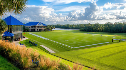 scenic view of well maintained football field surrounded by lush greenery and modern building in background, reflecting vibrant atmosphere