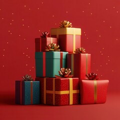 Obraz premium Stack of Red and Green Gift Boxes with Golden Bows on Red Background with Gold Sparkles