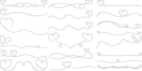 Decorative line borders, romantic heart line art dividers set for wedding invitation designs, scrapbooking, and Valentine’s day decorations.