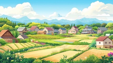 Naklejka premium Picturesque Village nestled among rolling hills and farmlands