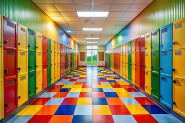 Aerial View of Colorful Elementary School Lockers in Hallway