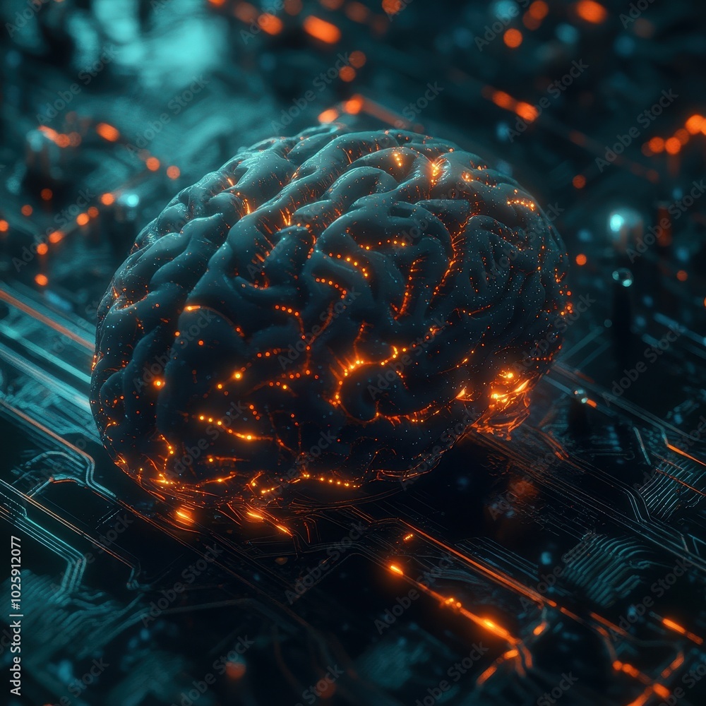 Aufkleber glowing human brain on circuit board - artificial intelligence, machine learning, neural network con