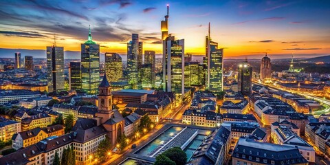 Fototapeta premium Aerial View of Frankfurt Financial District Skyline with Skyscraper Silhouettes and Copy Space for Financial Themes