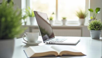 Fototapeta premium A modern Minimalist home office setup with a laptop Notebook And coffee cup on a white desk