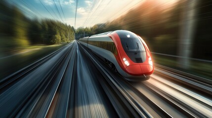 Fototapeta premium High-speed train racing along tracks in a scenic landscape during sunset.
