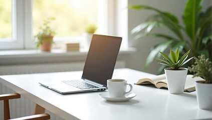 A modern Minimalist home office setup with a laptop Notebook And coffee cup on a white desk