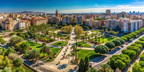 Obraz premium Aerial View of Jardin del Turia and Serranos Towers in Valencia, Spain - Stunning Drone Photography