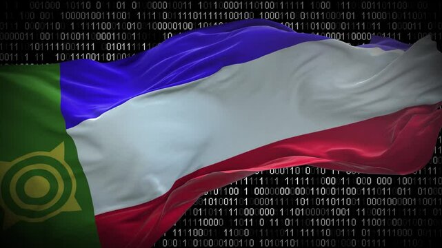 Binary code on flag of Khakassia. Program source code or Hacker concept on Khakassian flag. Khakassia digital technology security, hacking or programming
