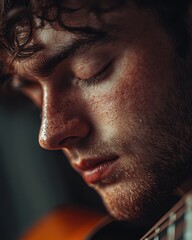 Obraz premium Closeup Portrait of a Young Man with Freckles and Closed Eyes, Focused on Nose and Lips