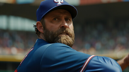 Obraz premium Close-up of professional baseball player in uniform, intense expression as he prepares to throw the ball during a high-stakes playoff game, capturing the focus and determination of the athlete.