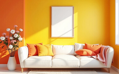 sofa setup with bold cushions and fresh flowers, creating a cheerful and inviting atmosphere. Mock up poster frame. with beautiful background
