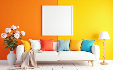 sofa setup with bold cushions and fresh flowers, creating a cheerful and inviting atmosphere. Mock up poster frame. with beautiful background