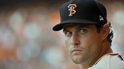Obraz premium Close-up of professional baseball player in uniform, intense expression as he prepares to throw the ball during a high-stakes playoff game, capturing the focus and determination of the athlete.
