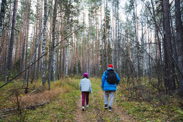 Fototapeta premium Embark on a delightful family hiking adventure as you explore a serene forest path surrounded by stunning biodiversity and peaceful scenery