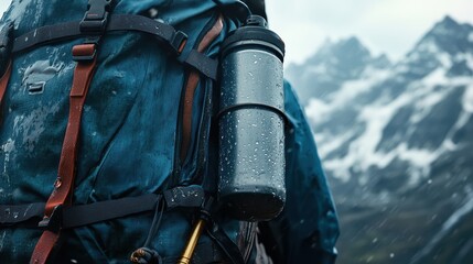 Water Bottle on Backpack in Mountainous Landscape with Rain or Snow