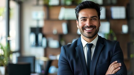 Fototapeta premium Headshot of Happy Young Man in Glasses, Sitting at Home Office Table, Smiling Confidently, , Happy Man, Home Office