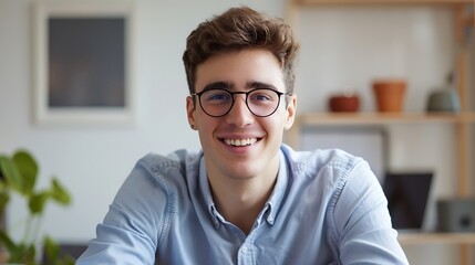 Headshot of Happy Young Man in Glasses, Sitting at Home Office Table, Smiling Confidently, , Happy Man, Home Office
