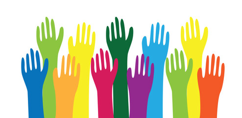 Multi Cultural People Raising Colorful Hands in the Air. Diversity and human group activities vector art