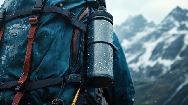 Water Bottle on Backpack in Mountainous Landscape with Rain or Snow