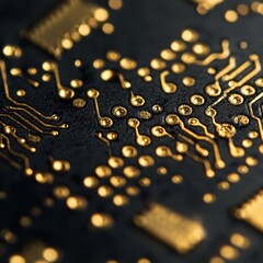 Close-up of a Circuit Board with Gold Plated Traces and Solder Points.
