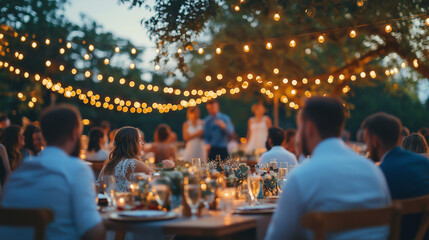 Fototapeta premium a outdoor wedding reception seated around elegantly decorated tables lights, with the bride and groom sharing a first dance in the background