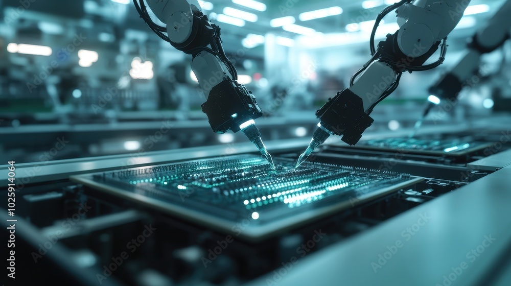 Aufkleber industrial robot arms assembling circuit board in automated factory - high tech manufacturing concep