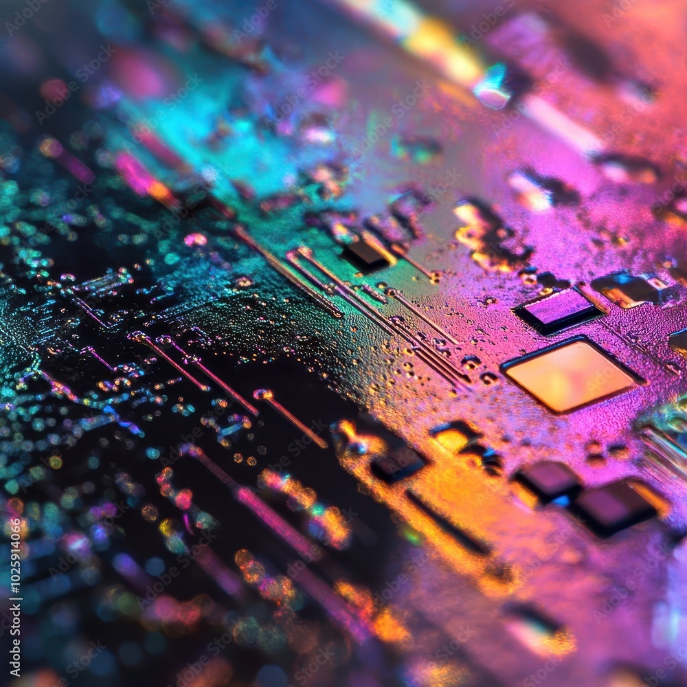 Poster abstract closeup of a microchip circuit board with iridescent colors and water droplets.