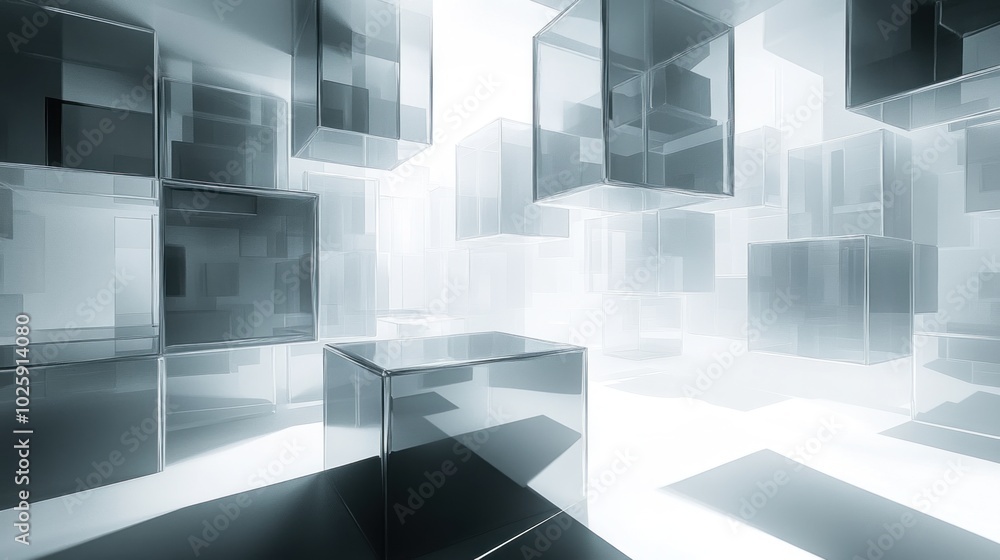 Poster abstract scene of transparent cubes in a misty environment, creating a futuristic atmosphere.