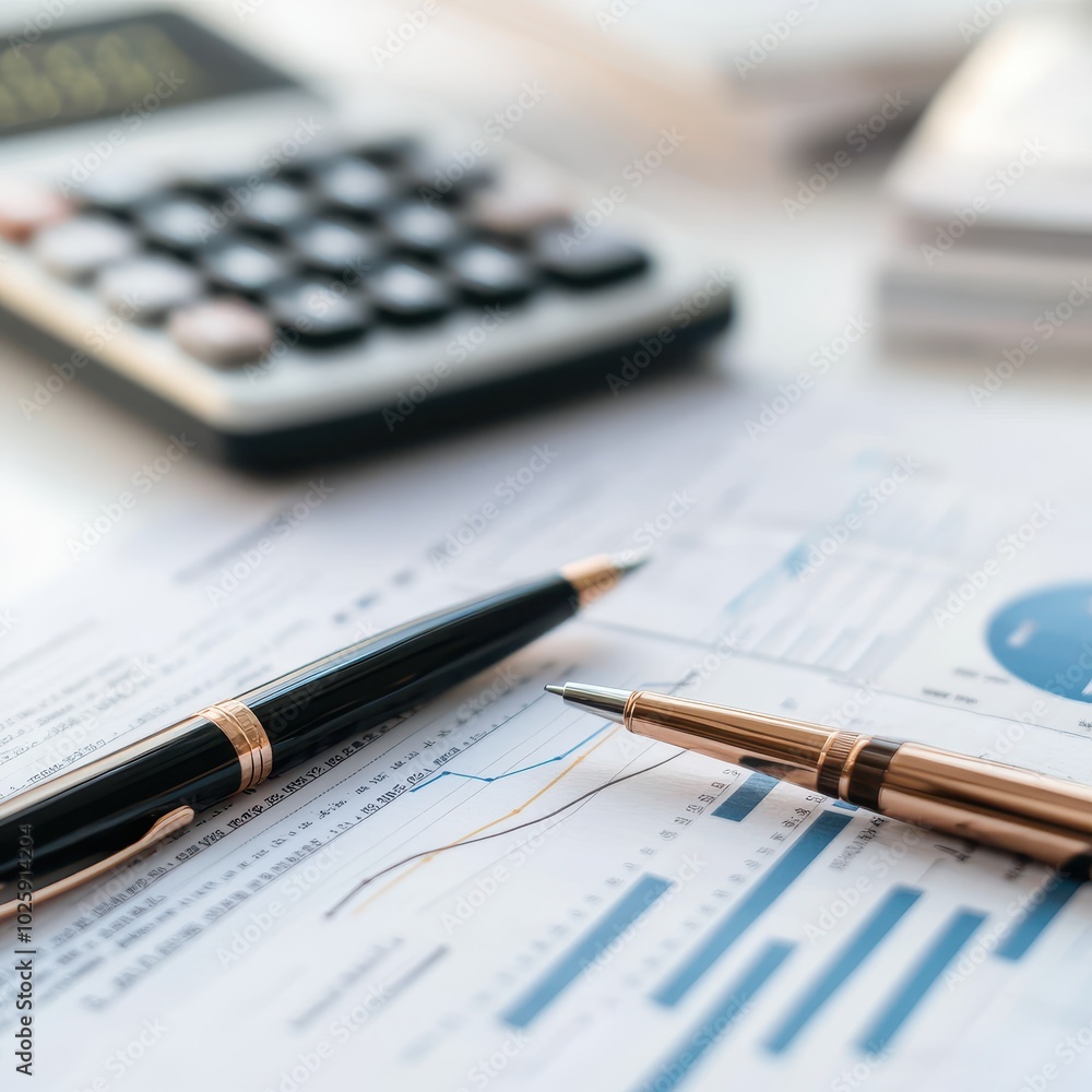 Poster close-up of pens and calculator on a business financial report with charts and graphs.