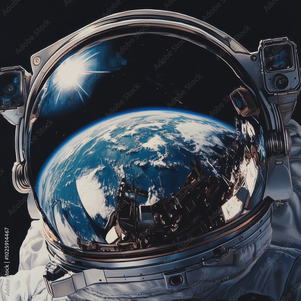 Poster astronaut helmet reflection of earth from space with sun flare - space exploration and outer space c