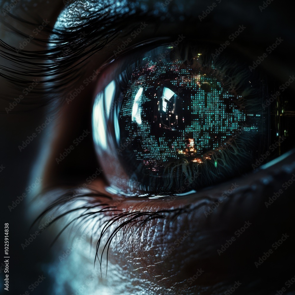 Poster human eye close up with digital code reflection - futuristic technology and artificial intelligence 