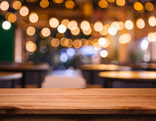 Wooden tabletop in a dimly lit café with twinkling fairy lights in the background at night