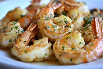 Fototapeta premium A close-up of beautifully cooked shrimp garnished with herbs, showcasing a delicious seafood dish.