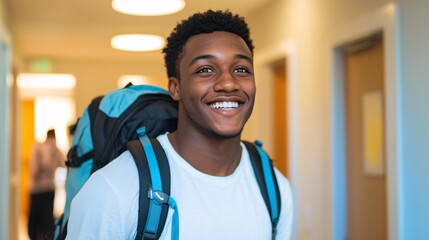 Naklejka premium College Student Excitedly Exploring New Dormitory With Backpack