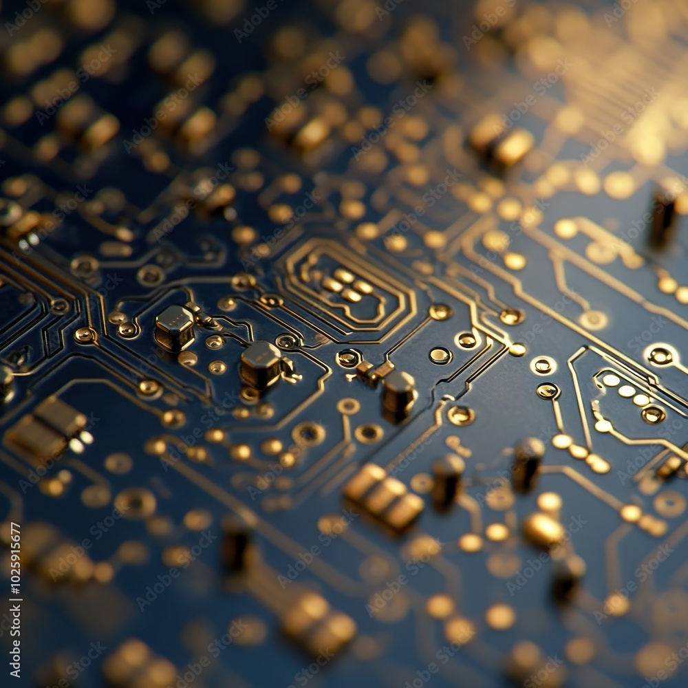Poster closeup of a circuit board with golden traces and components.