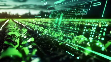 Futuristic Green Screen Hologram Technology Over Growing Crops in Field.