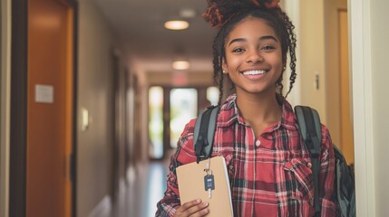 Happy Student Entering University Dormitory With Backpack and Key